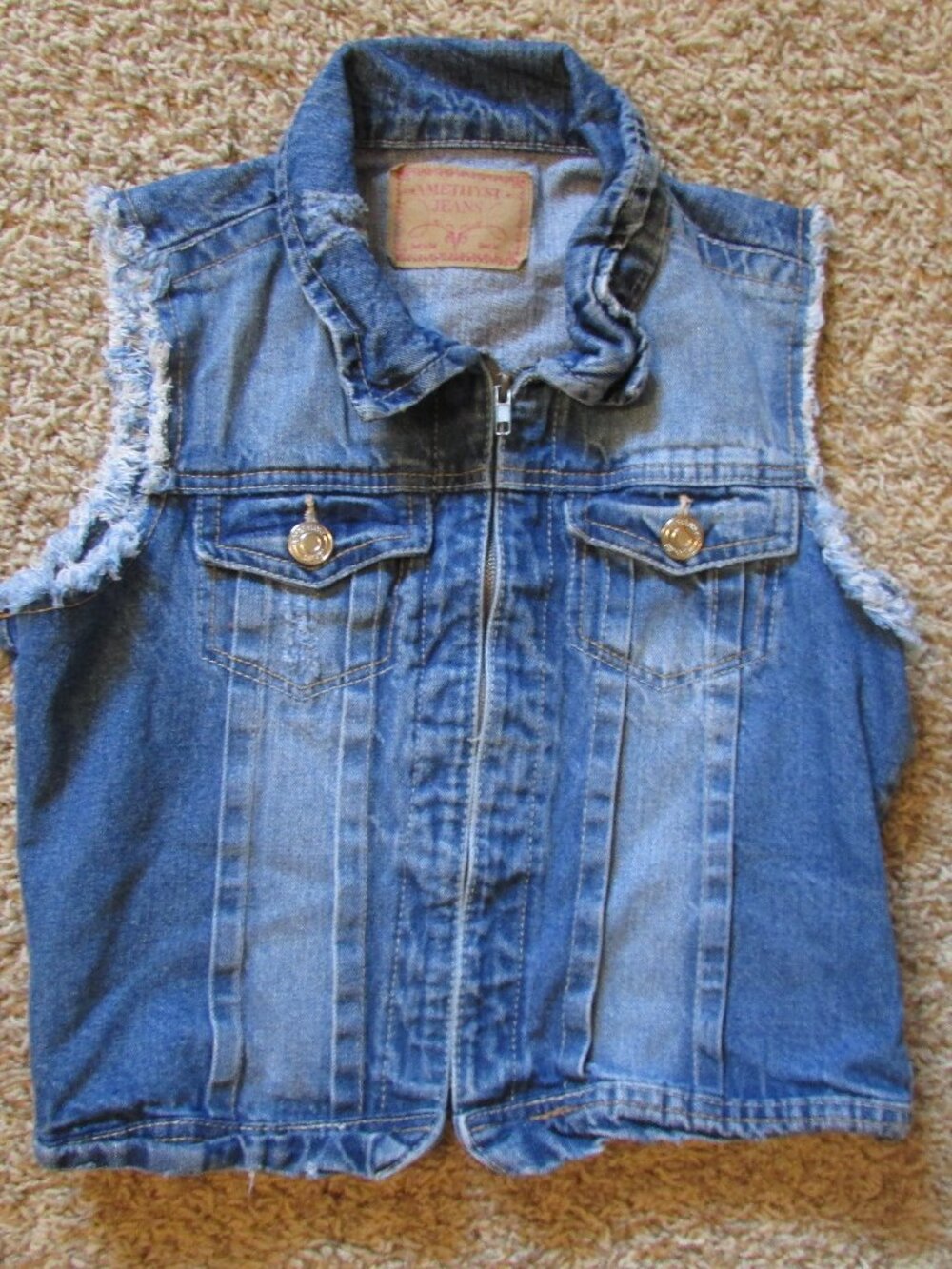 Amethyst Jeans Large Blue Denim Jean Vest Cotton Zip Front Frayed/Distressed